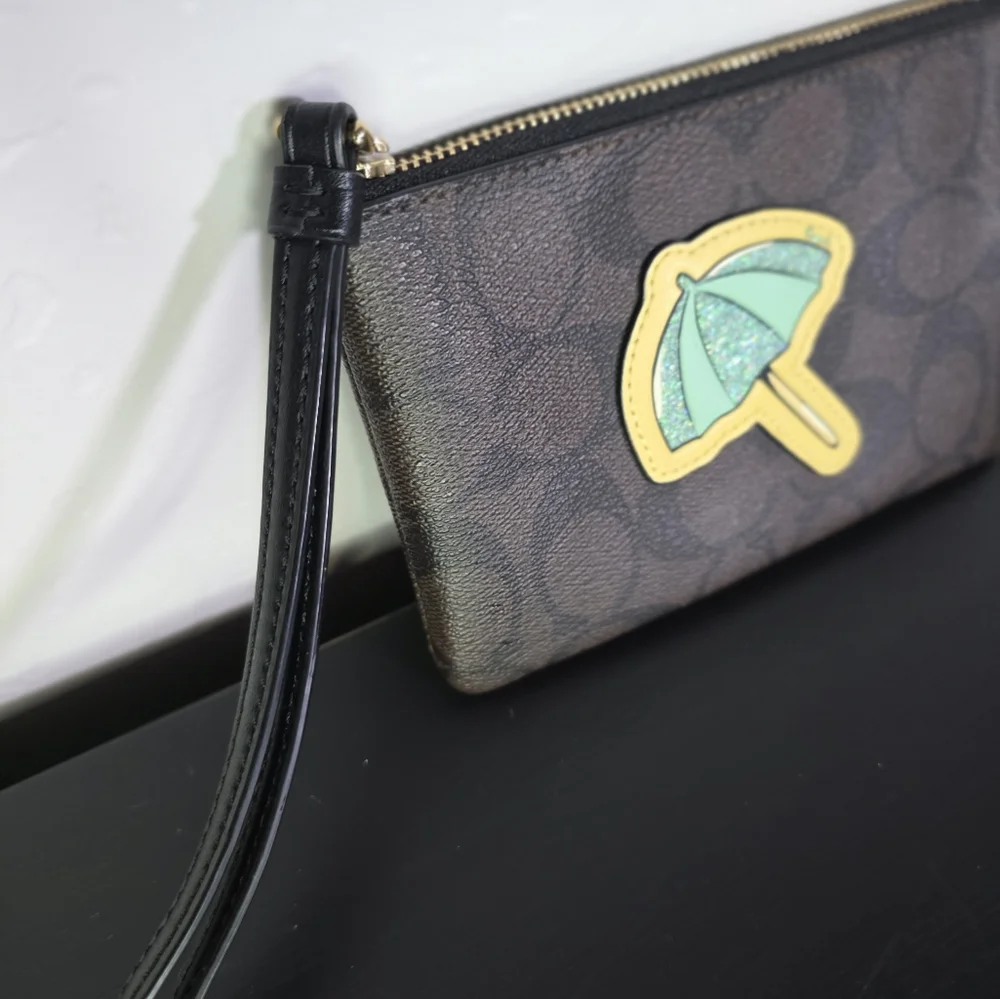Coach Umbrella Patch‎ Brown Logo Wristlet Cardholder